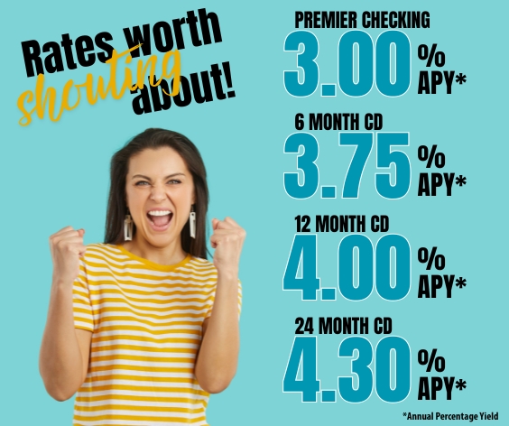 Smiling young couple celebrating and looking at interest rates on laptop.