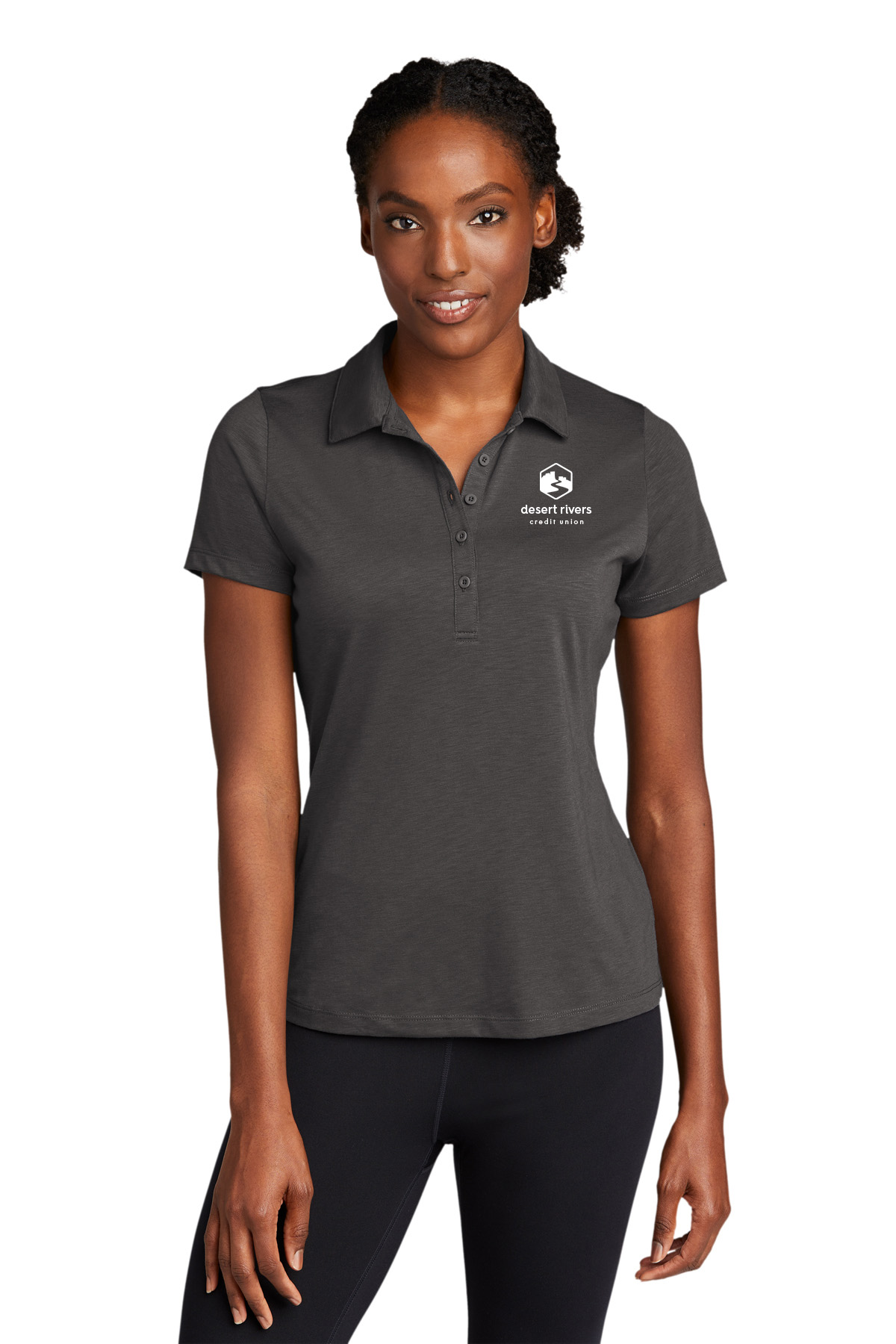 LST530_LadiesPolo_SportTek_16 Young woman in grey short sleeve polo